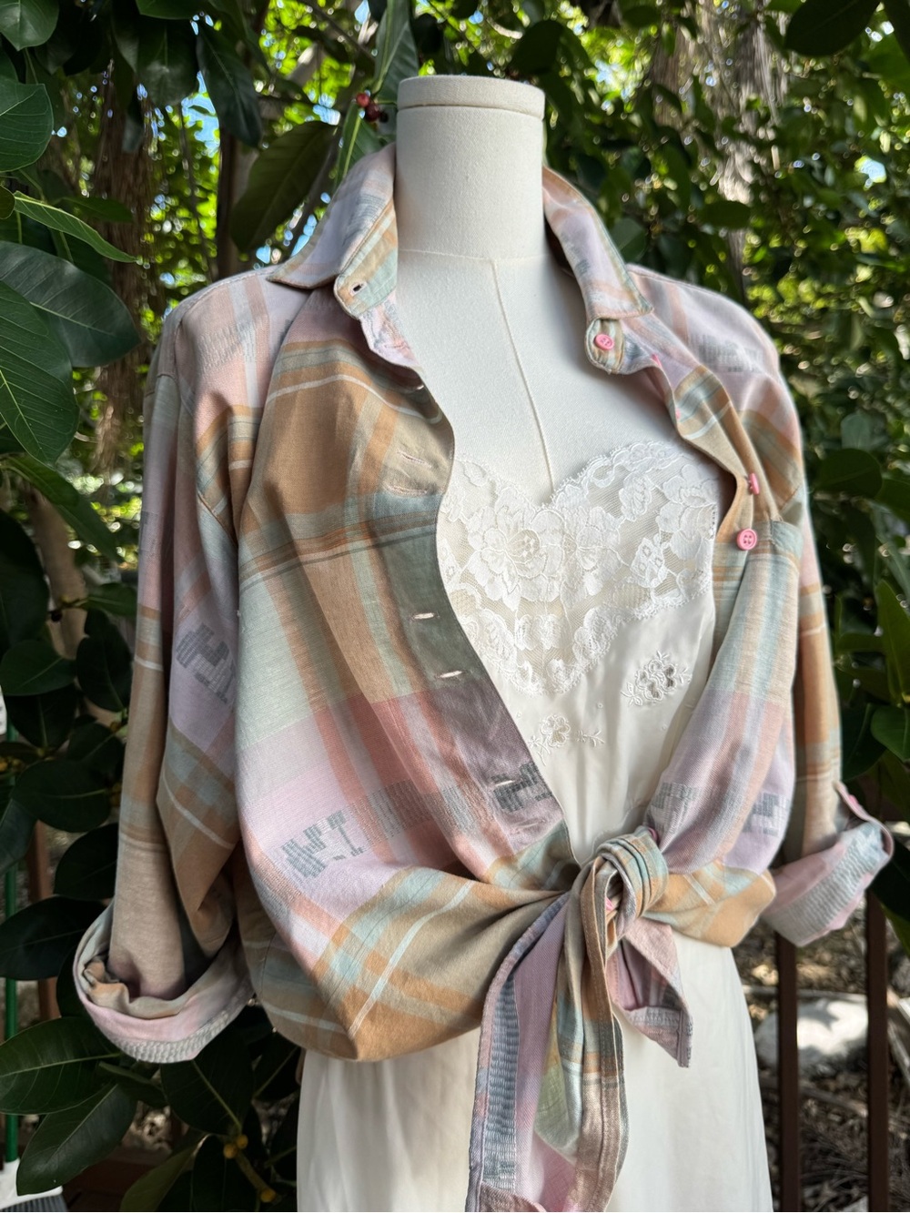 Vintage 1989 Angelique Pastel Plaid Button Up Shirt Large 100% Cotton